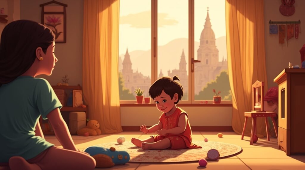 Un bébé amérindien joue joyeusement sur un tapis coloré dans sa chambre, entouré de jouets en bois sculpté et de coussins décorés de motifs inspirés des traditions amérindiennes.