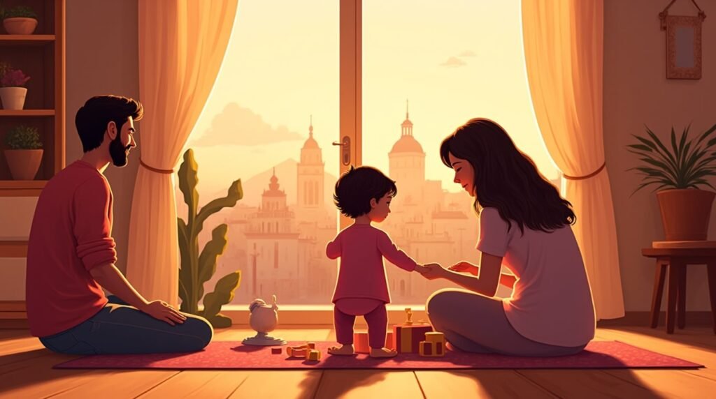 Un bébé italien joue joyeusement sur un tapis aux motifs géométriques dans sa chambre, entouré de peluches artisanales et de coussins brodés à la main.