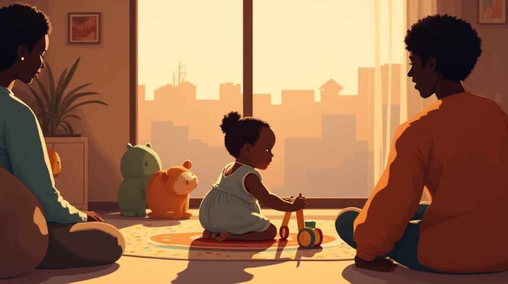 Un bébé camerounais joue joyeusement sur un tapis coloré dans sa chambre, entouré de jouets en bois sculpté et de coussins décorés de motifs inspirés des cultures camerounaises.