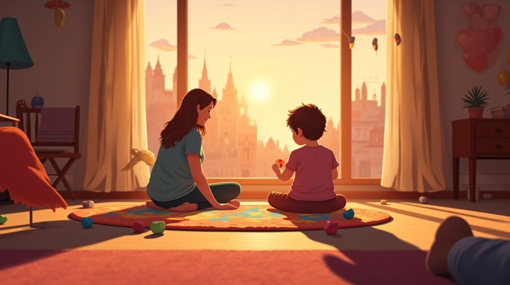 Un bébé anglais joue joyeusement sur un tapis coloré dans sa chambre, entouré de jouets en bois sculpté et de coussins décorés de motifs inspirés des traditions anglaises.