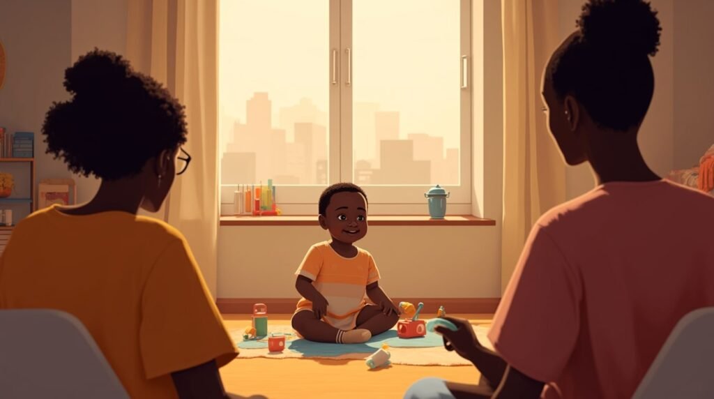 Un bébé africain joue joyeusement sur un tapis coloré dans sa chambre, entouré de jouets en bois sculpté et de coussins décorés de motifs inspirés des traditions africaines.