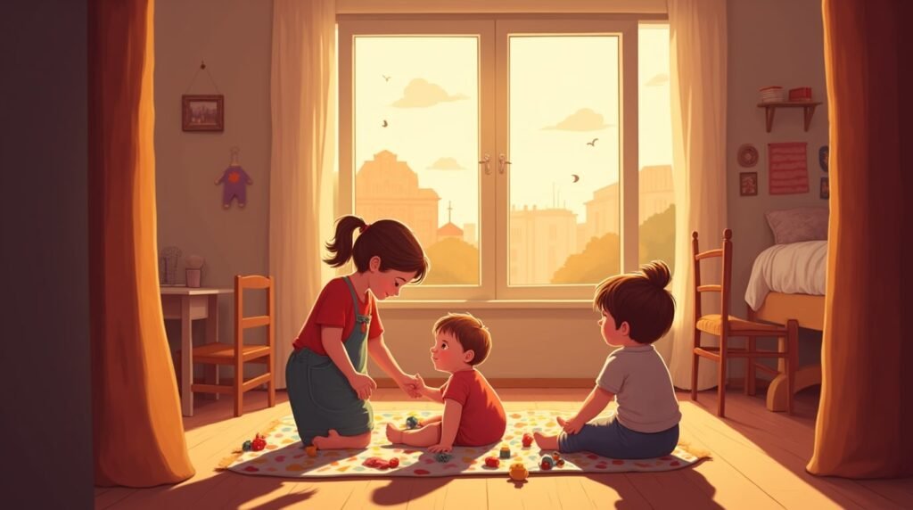 Un bébé allemand joue joyeusement sur un tapis coloré dans sa chambre, entouré de jouets en bois sculpté et de coussins décorés de motifs inspirés des traditions allemandes.