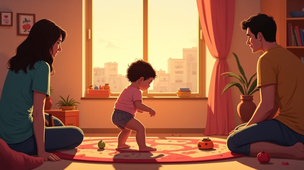 Un bébé algérien joue joyeusement sur un tapis coloré dans sa chambre, entouré de jouets en bois sculpté et de coussins décorés de motifs inspirés des traditions algériennes.