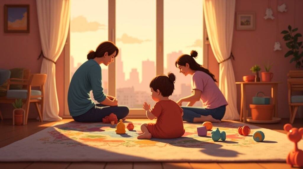 Un bébé américain s’amuse joyeusement sur un tapis coloré dans sa chambre, entouré de jouets en bois sculpté et de coussins décorés de motifs inspirés des traditions américaines.