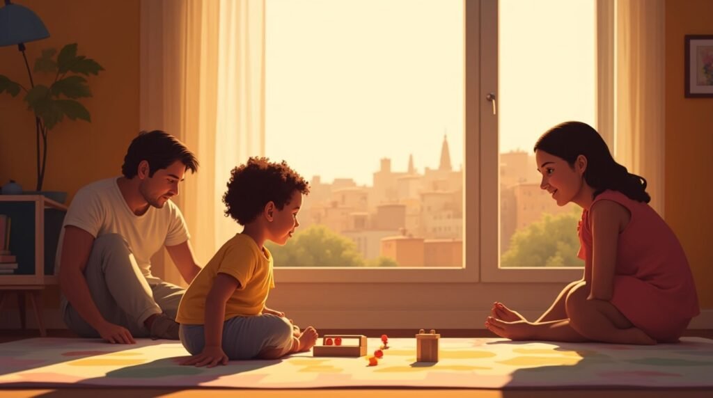 Un bébé catalan joue joyeusement sur un tapis en laine dans sa chambre, entouré de jouets en bois sculpté et de coussins décorés de motifs inspirés de la culture catalane.