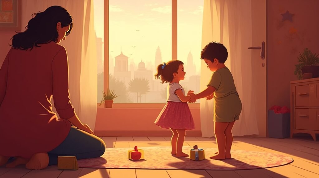 Un enfant tunisien joue avec sa soeur