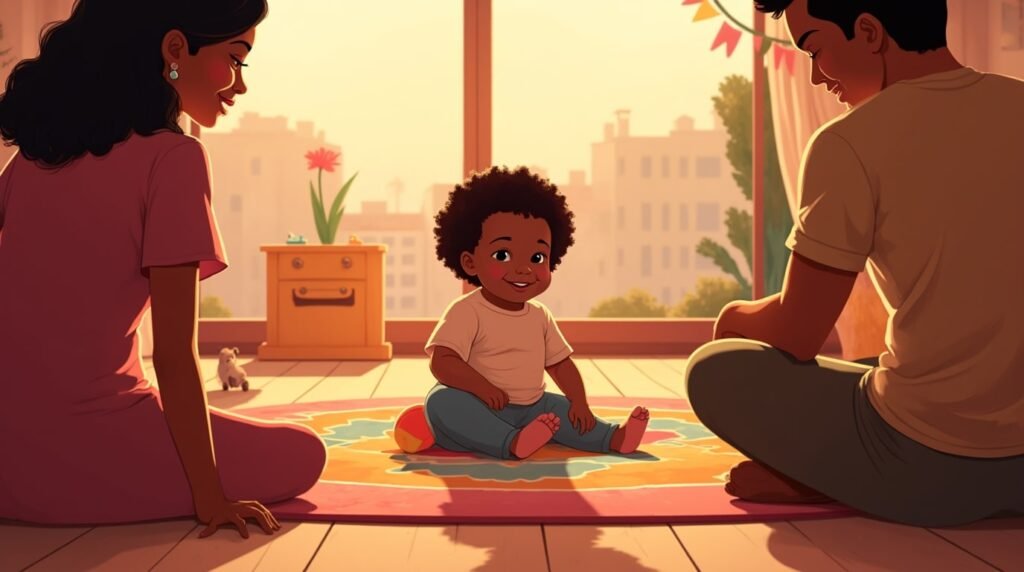 Un bébé afro-américain s’amuse joyeusement sur un tapis coloré dans sa chambre, entouré de jouets en bois sculpté et de coussins décorés de motifs inspirés de l'héritage culturel afro-américain.