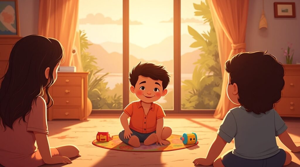 Un bébé tahitien s’amuse joyeusement sur un tapis coloré dans sa chambre, entouré de jouets en bois sculpté et de coussins décorés de motifs inspirés des traditions artisanales tahitiennes.