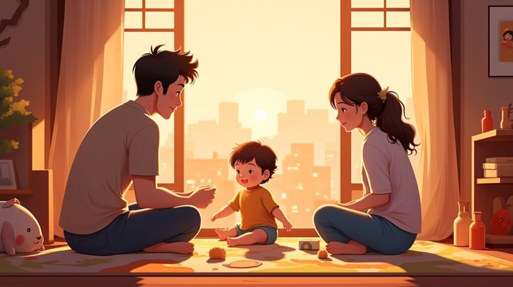 Un bébé japonais s’amuse joyeusement sur un tapis coloré dans sa chambre, entouré de jouets en bois sculpté et de coussins décorés de motifs inspirés de l'art traditionnel japonais.