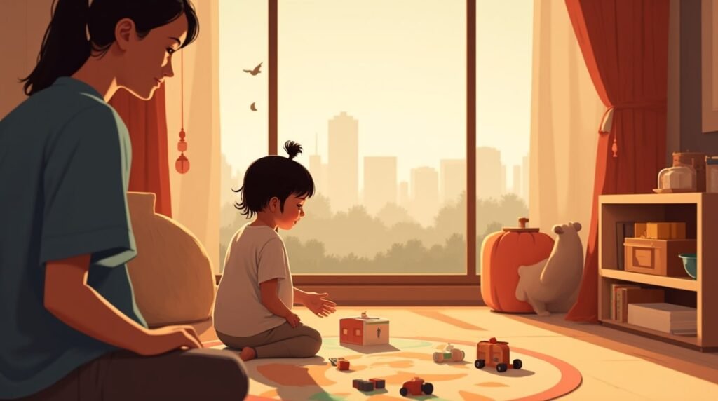 Un bébé chinois joue joyeusement sur un tapis en soie dans sa chambre, entouré de jouets artisanaux et de coussins décorés de motifs inspirés de la culture chinoise.