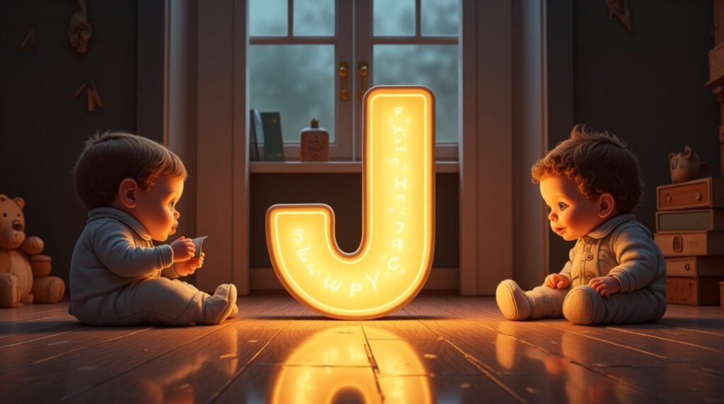 Des bébés habillés dans un style des années 1920, assis sereinement autour d’une lettre néon marron "J", sur un sol en bois classique, entourés de jouets rétro et charmants.