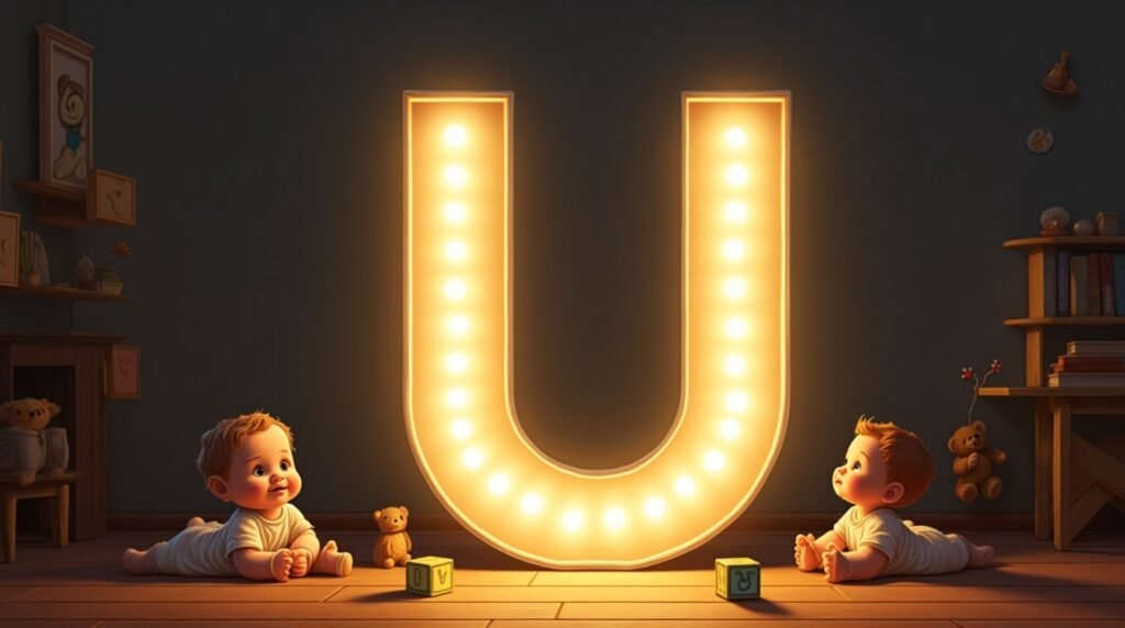 Des bébés habillés dans le style anglais des années 1930, assis autour d’une lettre néon grise "U", reposant sur un sol en bois classique de crèche, créant une ambiance rétro élégante.