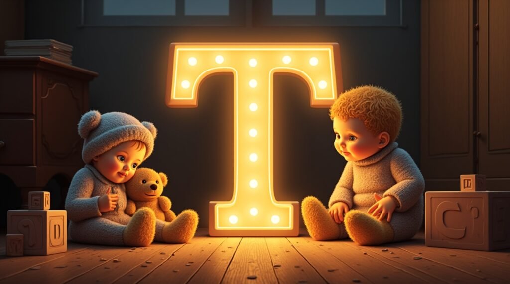 Des bébés habillés à la mode anglaise des années 1930, assis autour d’une lettre néon grise "T", posée sur un sol en bois classique de crèche, créant une ambiance rétro élégante.