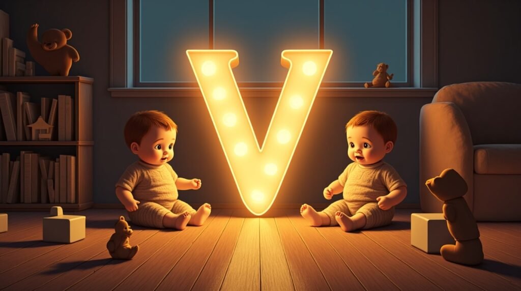 Des bébés vêtus dans le style anglais des années 1930, assis autour d'une lettre néon grise "V", reposant sur un sol en bois classique de crèche, créant une ambiance rétro élégante.