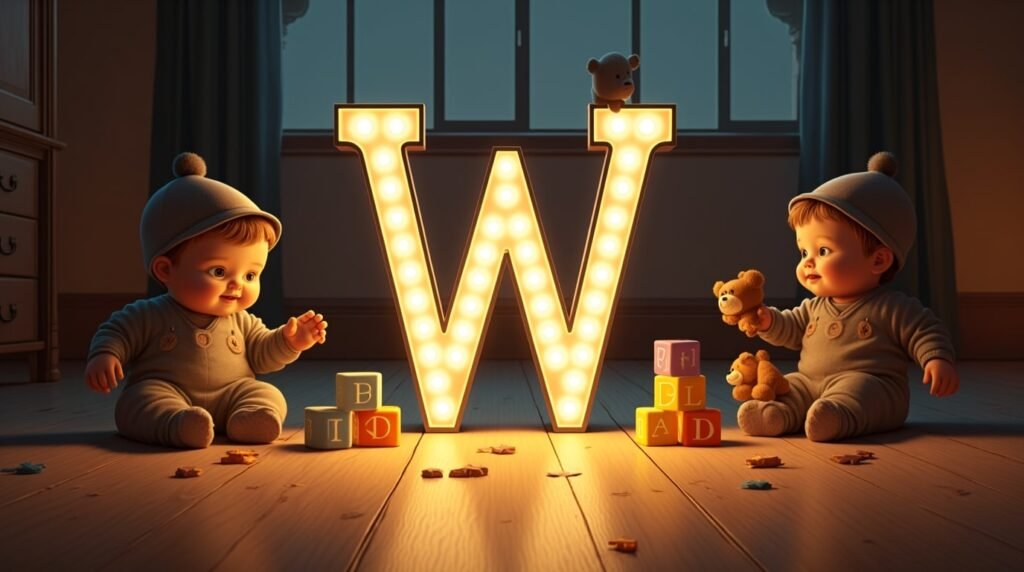 Des bébés vêtus à la mode anglaise des années 1920, assis autour d’une lettre néon grise "W", reposant sur un sol en bois classique de crèche, créant une ambiance rétro élégante.