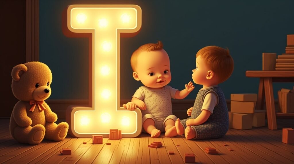 Des bébés habillés dans le style des années 1920 à l’anglaise, assis autour d’une lettre néon grise "I", posée sur un sol en bois classique de crèche, dans une ambiance rétro élégante.