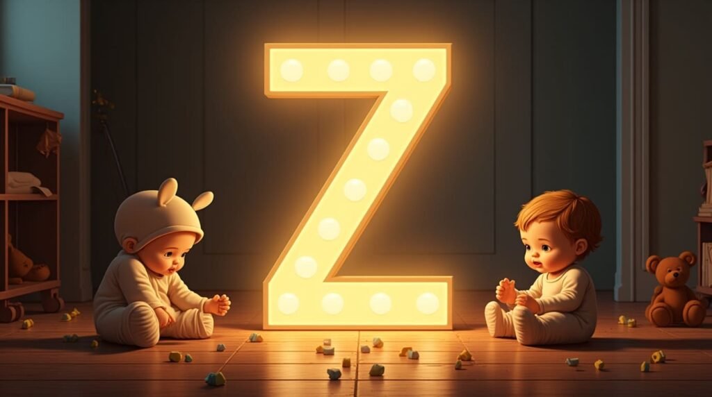 Des bébés vêtus à la mode anglaise des années 1920, assis autour d’une lettre néon grise "Z", reposant sur un sol en bois classique de crèche, créant une ambiance rétro élégante.