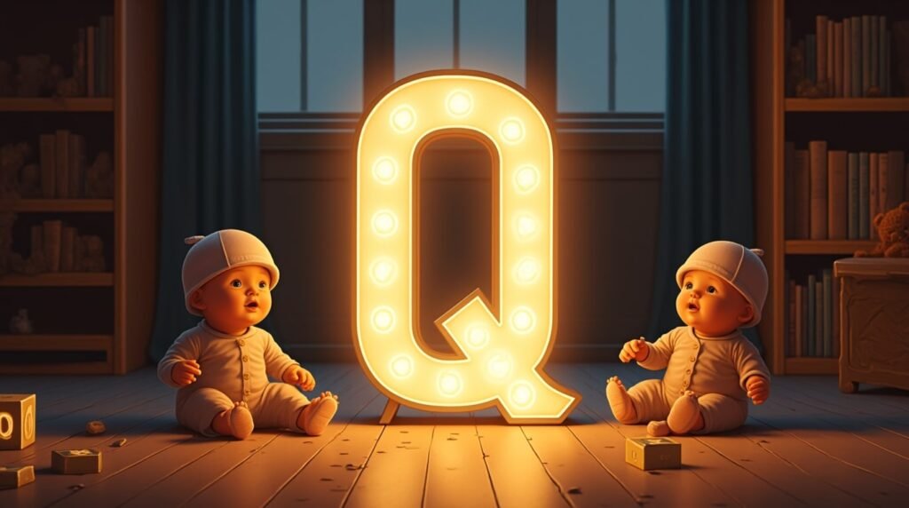 Des bébés vêtus à la mode anglaise des années 1930, assis autour d’une lettre néon grise "Q", reposant sur un sol en bois classique de crèche, dans une ambiance rétro élégante.