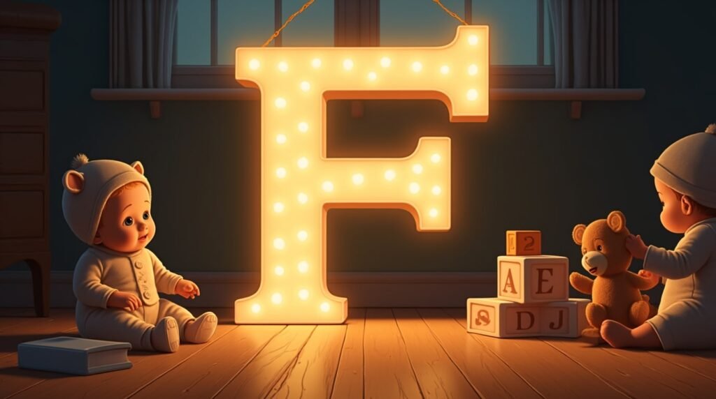 Habillés à la mode des années 1920 à l’anglaise, des bébés sont assis autour d’une lettre néon grise "F", reposant sur un sol en bois classique de crèche dans une ambiance rétro.