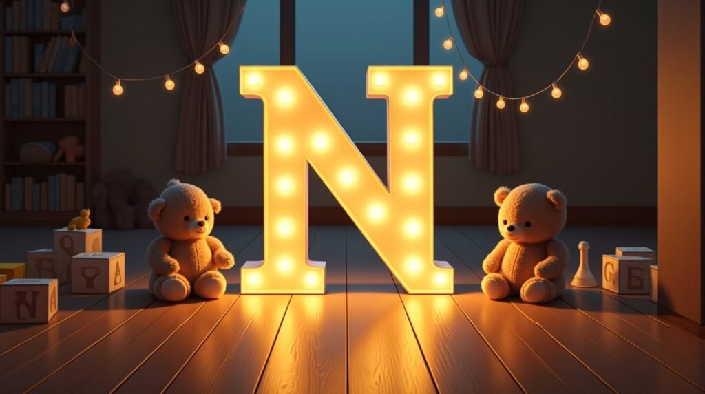 Des bébés habillés à la mode des années 1920, assis sereinement autour d'une lettre néon marron "N", sur un sol en bois classique, entourés de jouets vintage.