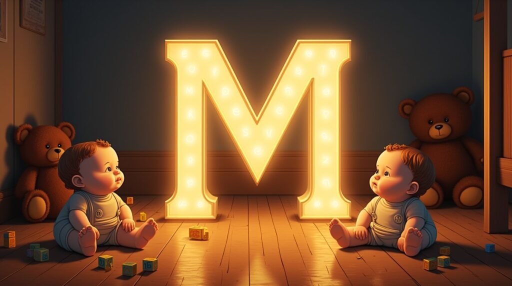 Des bébés vêtus à la mode des années 1920 à l’anglaise, assis autour d’une lettre néon grise "M", reposant sur un sol en bois classique de crèche, créant une atmosphère rétro élégante.