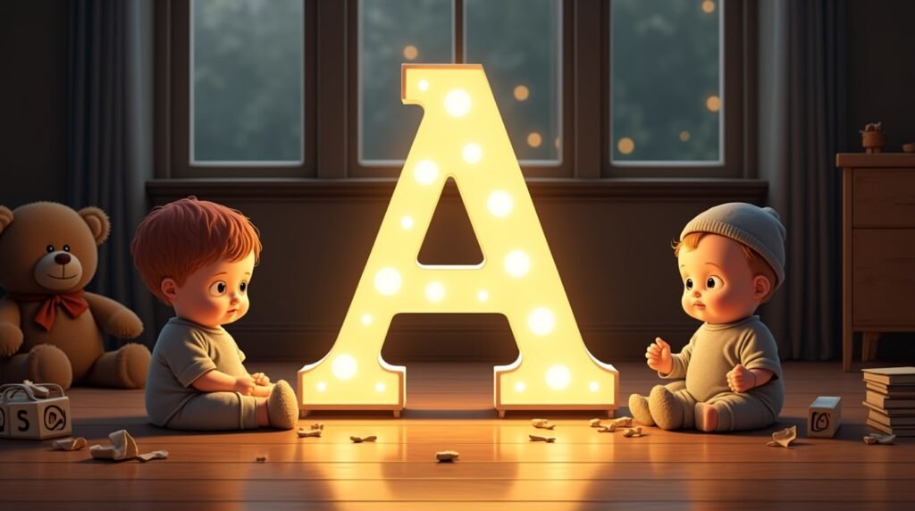Des bébés vêtus dans un style des années 1920 à l’anglaise, assis autour d’une lettre néon grise "A", posée sur un sol en bois classique de crèche, dans une atmosphère rétro élégante.