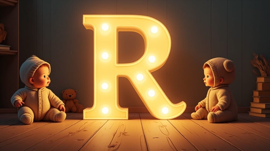 Des bébés habillés dans le style anglais des années 1930, assis autour d’une lettre néon grise "R", reposant sur un sol en bois classique de crèche, dans une ambiance rétro élégante.