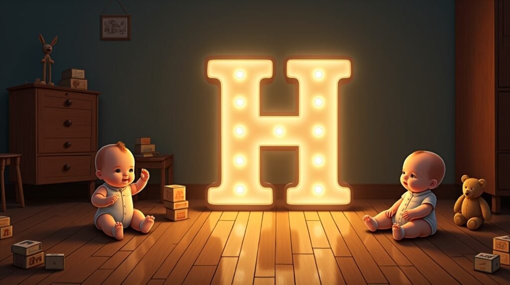 Des bébés habillés dans le style des années 1920 à l’anglaise, assis autour d'une lettre néon grise "H", reposant sur un sol en bois classique de crèche, créant une atmosphère rétro élégante.