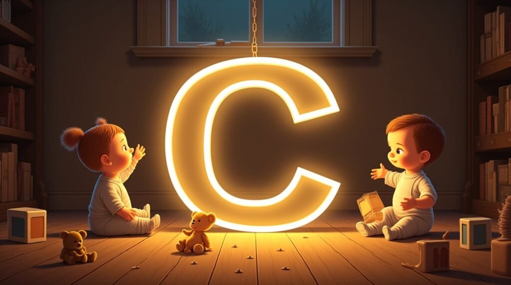 Des bébés habillés dans un style des années 1920, sereins, assis autour d’une lettre néon marron "C", sur un sol en bois classique, entourés de jouets rétro.