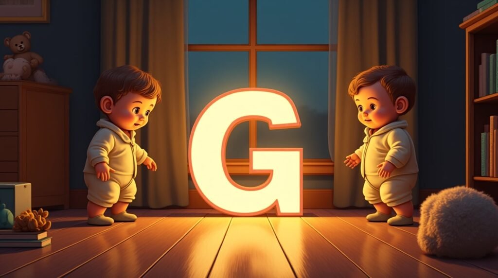 Des bébés vêtus de tenues inspirées des années 1920 à l'anglaise, assis autour d’une lettre néon grise "G", reposant sur un sol en bois de crèche classique, dans une ambiance rétro.