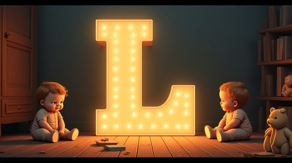 Des bébés habillés dans le style des années 1920 à l’anglaise, assis autour d'une lettre néon grise "L", reposant sur un sol en bois classique de crèche, dans une ambiance rétro élégante.