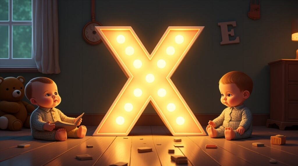 Des bébés habillés à la mode anglaise des années 1920, assis autour d’une lettre néon grise "X", reposant sur un sol en bois classique de crèche, créant une ambiance rétro élégante.