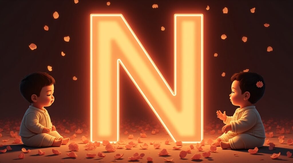 Des bébés d’origine asiatique, paisiblement installés autour d’une brillante lettre néon rouge "N", entourés de pétales de cerisier tombant doucement, créant une atmosphère sereine.