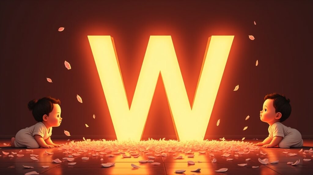Des bébés d'origine asiatique, paisiblement installés autour d’une brillante lettre néon rouge "W", entourés de pétales de cerisier tombant délicatement, apportant sérénité.