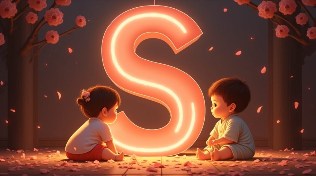 Des bébés d'origine asiatique, paisiblement assis autour d'une éclatante lettre néon rouge "S", entourés de pétales de cerisier tombant doucement, créant une atmosphère sereine.