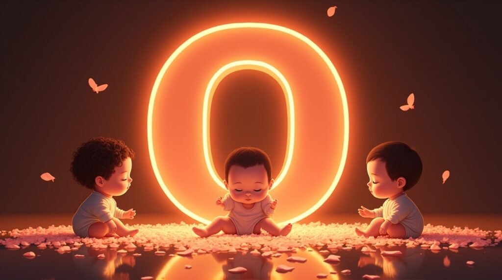Des bébés d’origine asiatique, assis paisiblement autour d’une éclatante lettre néon rouge "O", entourés de pétales de cerisier tombant délicatement, apportant une atmosphère sereine.