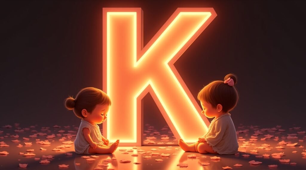 Des bébés d'origine asiatique, paisiblement installés autour d’une éclatante lettre néon rouge "K", entourés de pétales de cerisier tombant doucement autour d'eux, créant une ambiance de sérénité.