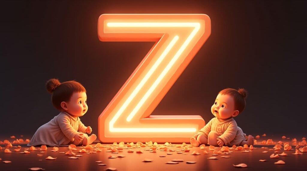 Des bébés d’origine asiatique, assis calmement autour d’une éclatante lettre néon rouge "Z", entourés de pétales de cerisier tombant délicatement, apportant sérénité.