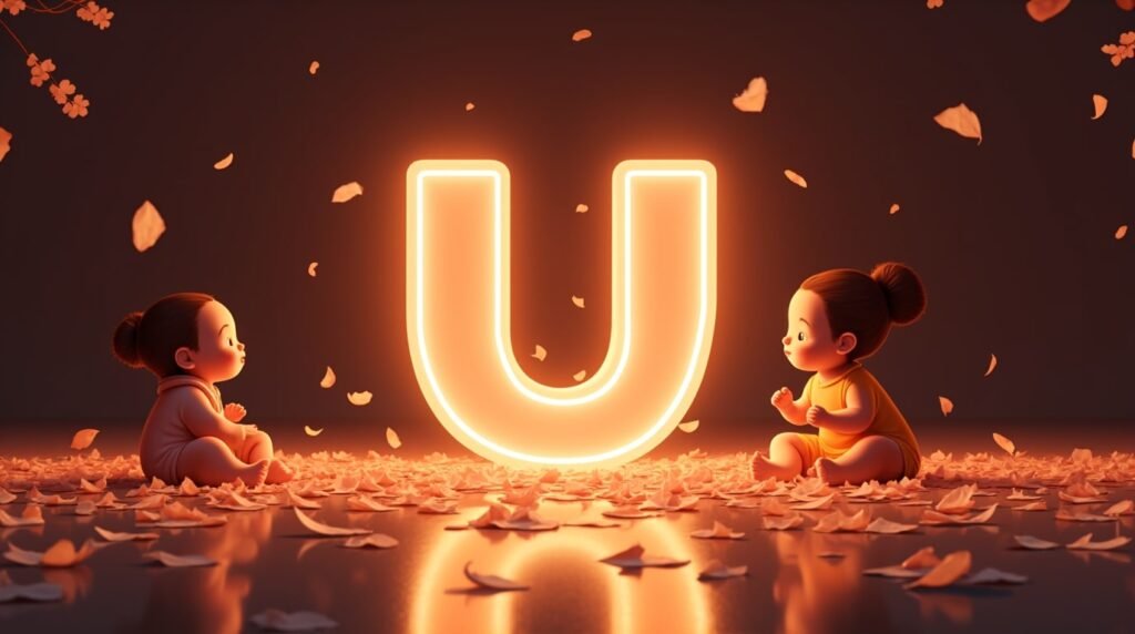 Des bébés d'origine asiatique, paisiblement installés autour d’une éclatante lettre néon rouge "U", entourés de pétales de cerisier tombant délicatement, créant une atmosphère de sérénité.