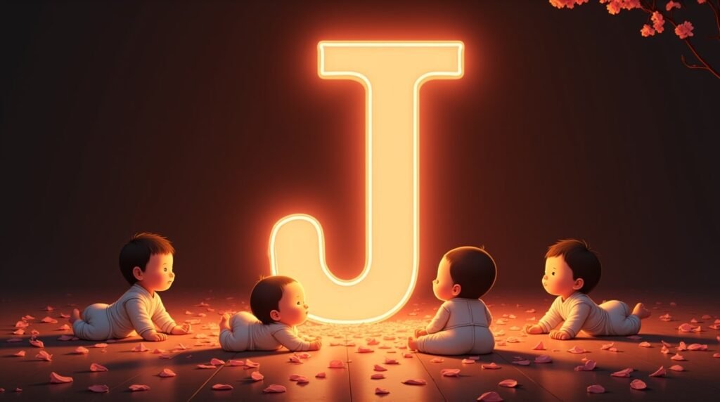 Des bébés d’origine asiatique, paisiblement installés autour d'une éclatante lettre néon rouge "J", entourés de pétales de cerisier tombant doucement, apportant une atmosphère de sérénité.
