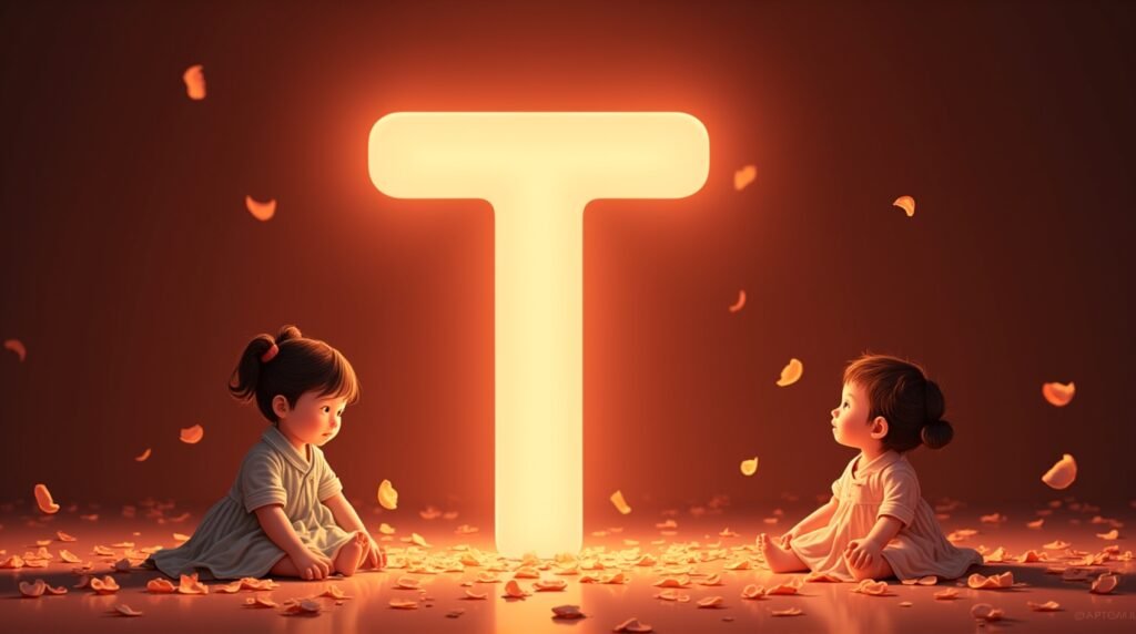 Des bébés d’origine asiatique, paisiblement installés autour d’une éclatante lettre néon rouge "T", entourés de pétales de cerisier tombant doucement, créant une atmosphère sereine.