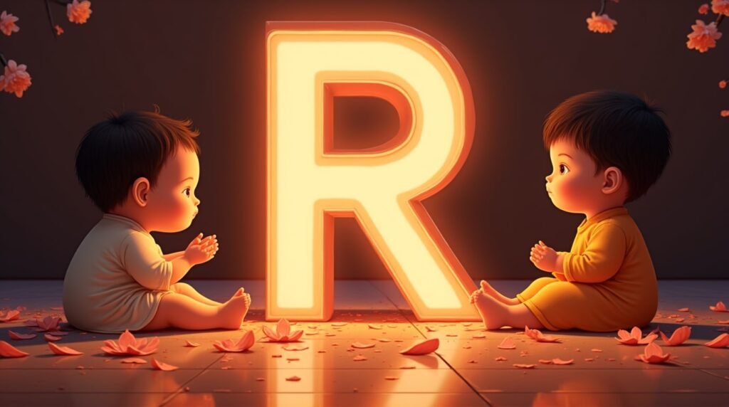 Des bébés d’origine asiatique, assis paisiblement autour d’une éclatante lettre néon rouge "R", entourés de pétales de cerisier tombant délicatement, apportant une atmosphère sereine.