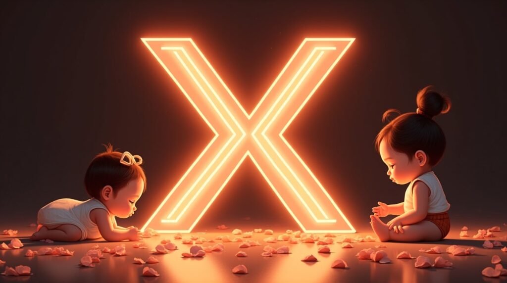 Des bébés d’origine asiatique, paisiblement installés autour d’une brillante lettre néon rouge "X", entourés de pétales de cerisier tombant délicatement, créant une ambiance de sérénité.