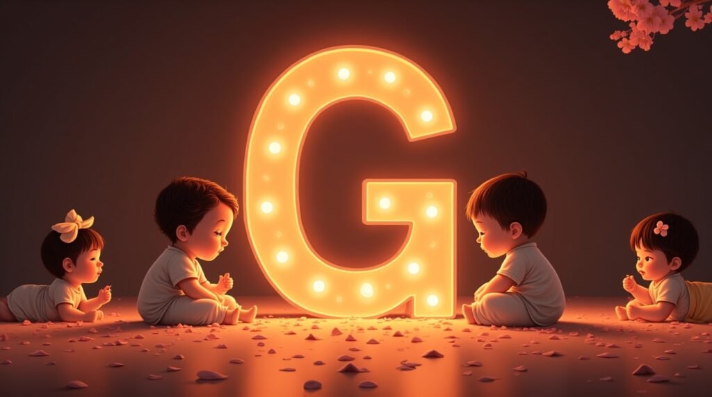 Des bébés d'origine asiatique, assis paisiblement autour d’une lettre néon rouge éclatante "G", avec des pétales de cerisier tombant doucement autour d'eux, apportant une touche de sérénité.