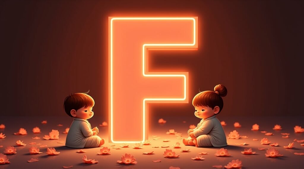 Des bébés d’origine asiatique, assis paisiblement autour d'une éclatante lettre néon rouge "F", sont entourés de pétales de cerisier tombant doucement, créant une atmosphère sereine.