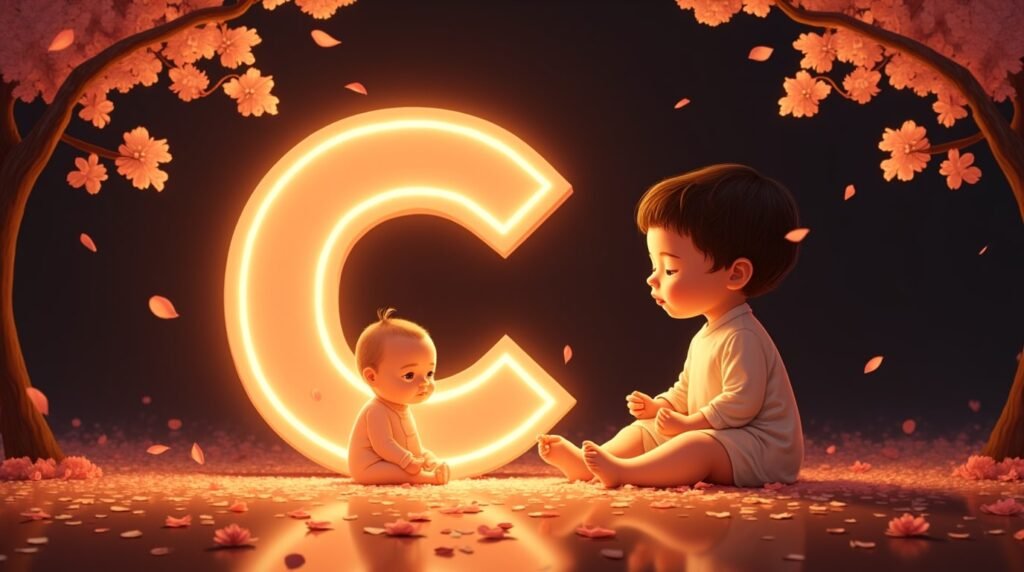 Des bébés d’origine asiatique, assis paisiblement autour d’une brillante lettre néon rouge "C", entourés de pétales de cerisier tombant délicatement, créant une ambiance sereine.