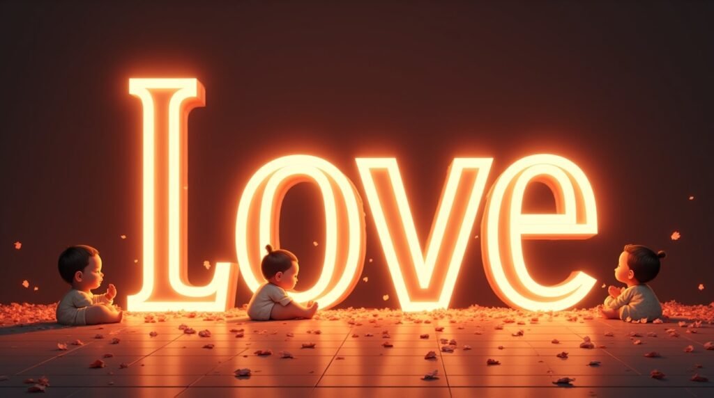 Le texte LOVE écrit en néon avec des bébé asiatiques filles