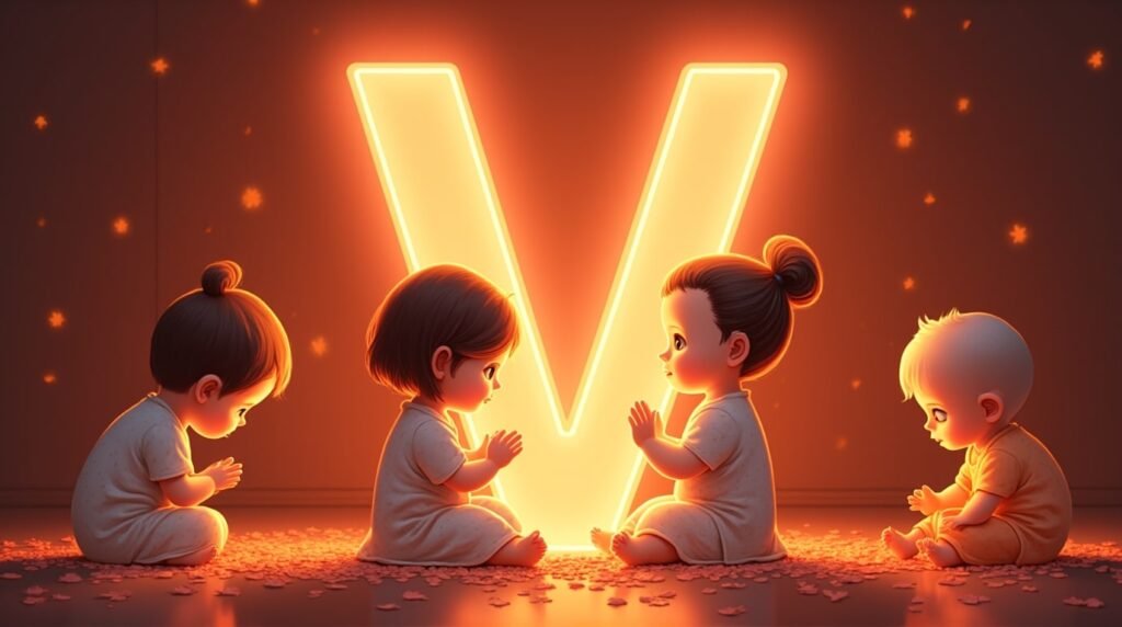 Des bébés d'origine asiatique, paisiblement installés autour d'une éclatante lettre néon rouge "V", entourés de pétales de cerisier tombant doucement, créant une atmosphère de sérénité.