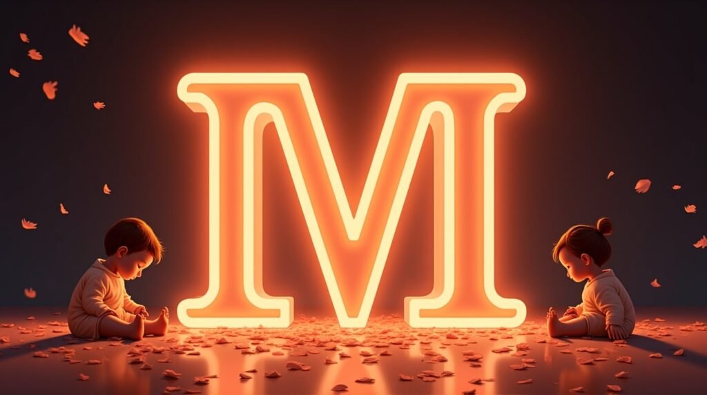 Des bébés d'origine asiatique, paisiblement assis autour d'une éclatante lettre néon rouge "M", entourés de pétales de cerisier tombant délicatement, créant une ambiance sereine.