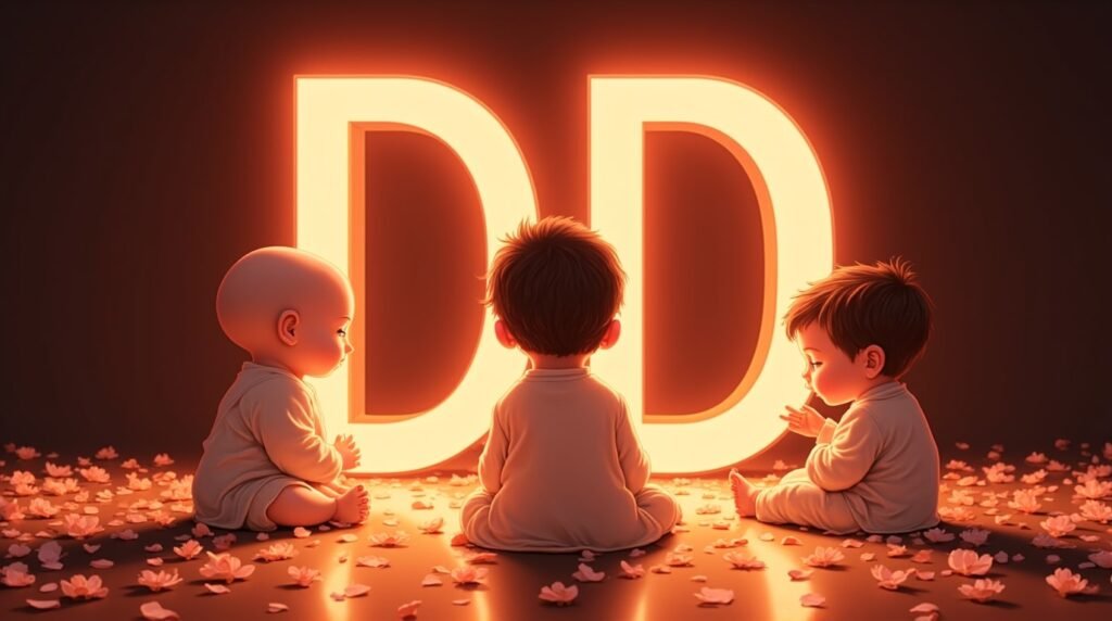 Des bébés d'origine asiatique, assis paisiblement autour d'une éclatante lettre néon rouge "D", entourés de pétales de cerisier tombant doucement autour d'eux.